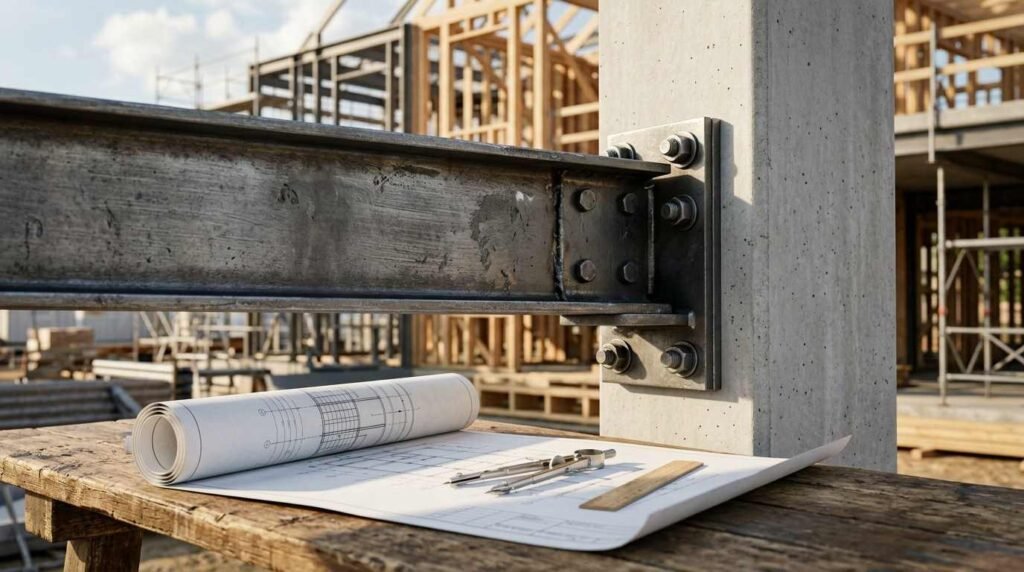 A heavy-duty steel I-beam bolted to a concrete structural column above a wooden workbench holding architectural blueprints, a drafting compass, and a ruler at an active timber-framed construction site