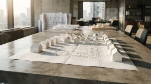 White miniature house models arranged on a neighborhood master plan blueprint laid out on a concrete conference table
