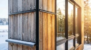 Modern exterior house wall featuring vertical natural wood plank cladding with exposed metal fasteners, black flashing trim, and snow-dusted window frames in a winter forest setting
