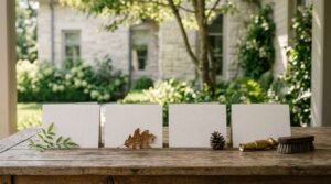 Four blank cream-colored folded cards lined up on a wooden outdoor table, each paired with an item: green leaves, a dry oak leaf, a pinecone, and a brass nozzle with a brush