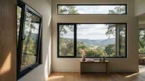 A bright modern living room featuring black-framed European tilt-and-turn windows and a large picture window framing a scenic view of green rolling hills and valleys