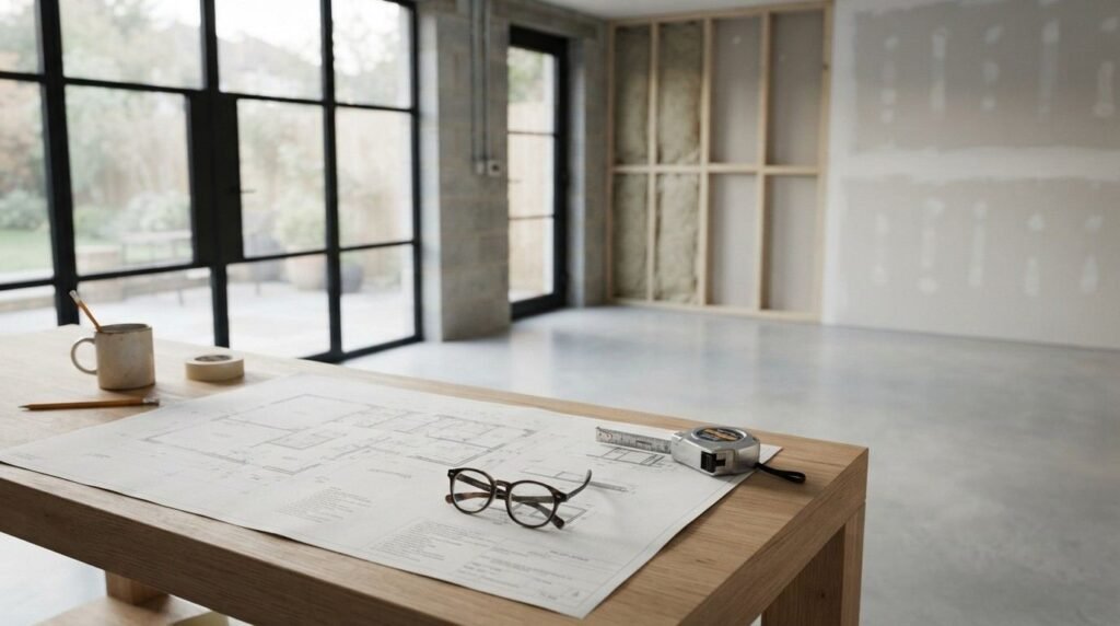 Architectural conversion blueprints, reading eyeglasses, a tape measure, and coffee mug resting on a light oak workbench inside an unfinished garage converted into a living space with black-framed glass doors