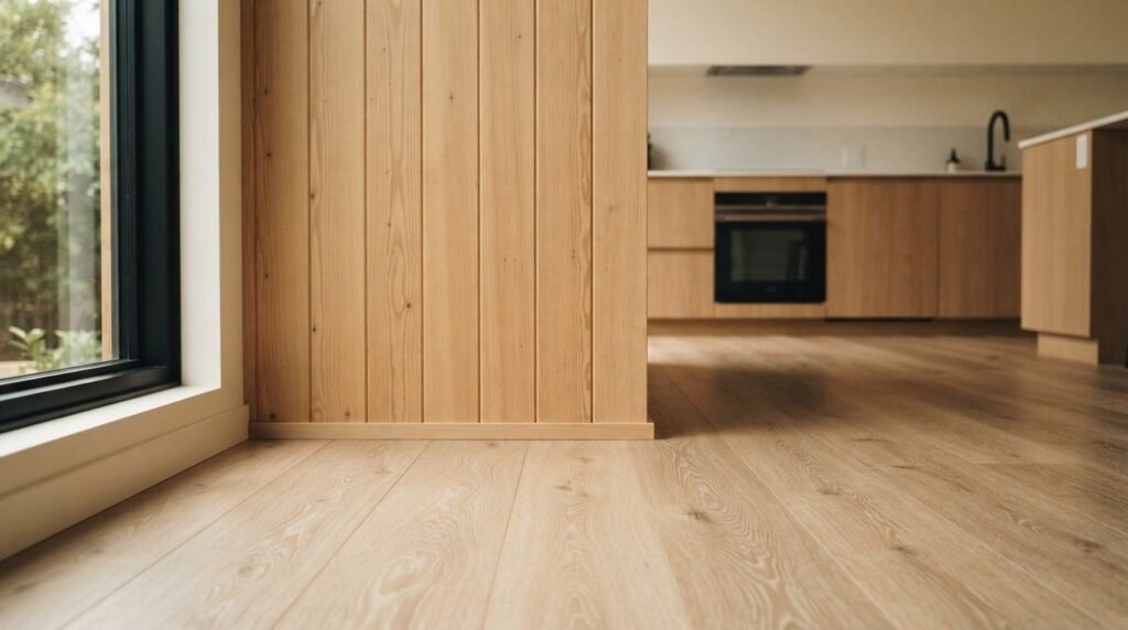A low-angle view of light natural oak hardwood flooring and vertical wood slat paneling leading toward a modern minimalist kitchen in a modular home