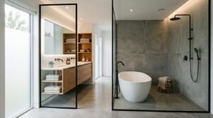 Modern bathroom layout featuring a black glass-enclosed wet room with a freestanding soaking tub, matte black shower fixtures, polished concrete floors, and a floating oak vanity