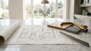 Architectural house floor plan laid out on a white marble countertop with a brass faucet, natural wood sample, stone swatch, and scale ruler