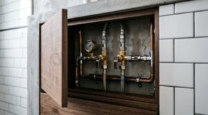 A recessed bathroom plumbing access panel with an open walnut cabinet door showing copper pipes, hot and cold shut-off mixing valves, braided stainless hoses, and a water pressure gauge