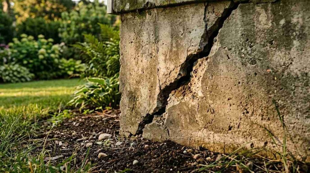 A severe diagonal fracture and crumbling spall damage on the corner of an exterior poured concrete house foundation wall adjacent to a landscaped lawn