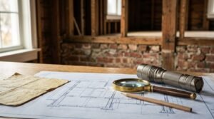 A vintage magnifying glass, a high-powered metal flashlight, and a wooden pencil laid out on architectural floor plans in front of an exposed brick and timber home renovation site
