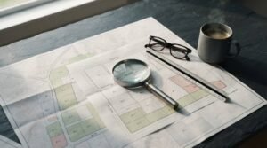 A magnifying glass, drafting scale ruler, tortoiseshell eyeglasses, and steaming coffee mug resting on a color-coded topographic zoning map on a slate table