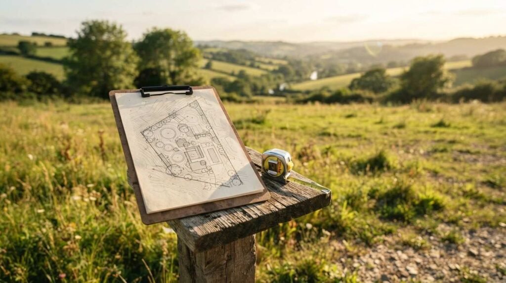 A clipboard holding a hand-drawn architectural site plan and landscape schematic resting beside a retractable tape measure on a wooden post overlooking a sunlit rural hillside