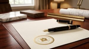 A luxury black fountain pen resting on a signed residential remodeling contract with a gold embossed seal on a mahogany desk beside architectural blueprints and marble samples
