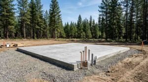 A newly poured concrete slab foundation with rough-in plumbing and utility stub-outs surrounded by crushed gravel on a cleared forest job site