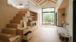 A minimalist tiny home interior featuring custom wood storage stairs leading to a sleeping loft, an integrated kitchenette, light oak floors, and a floor-to-ceiling picture window overlooking the forest