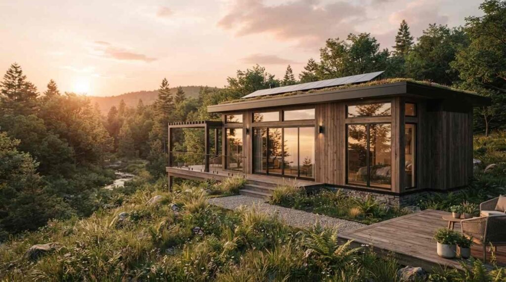 A sustainable modern prefab cabin with vertical wood siding, a green living roof with solar panels, and large glass sliding doors opening onto a wrap-around deck overlooking a forest and river at sunset