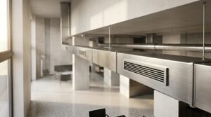 Suspended rectangular brushed metal HVAC ductwork with integrated linear supply grilles in an open industrial-modern concrete building interior