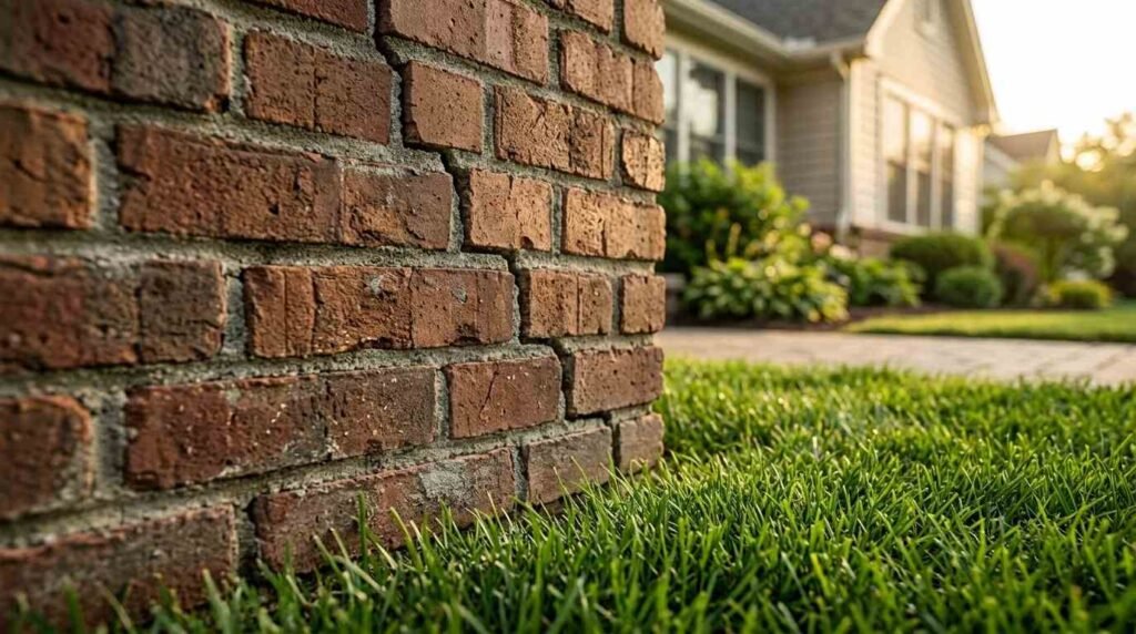 A prominent stair-step settlement crack running through the red brick and mortar joints of an exterior house foundation pillar above a green lawn