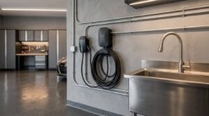 Wall-mounted black EV charging station and coiled hose on conduit-lined concrete garage wall beside a stainless steel sink