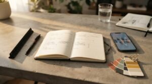 Open weekly planner notebook, smartphone, black scale ruler, mechanical pencil, and color swatches on a concrete desk