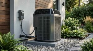 A modern gray outdoor HVAC heat pump condenser unit mounted on an equipment pad with an electrical disconnect box and insulated refrigerant line set beside a landscaped home exterior