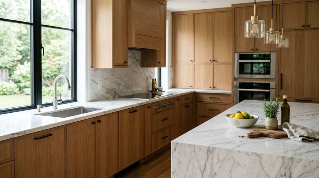Modern custom kitchen featuring white oak cabinetry, white marble countertops with a waterfall edge island, built-in double wall ovens, and glass pendant lights