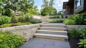 Tiered limestone retaining walls and floating concrete steps with under-tread LED strip lighting connecting dark slate paver walkways in a modern garden