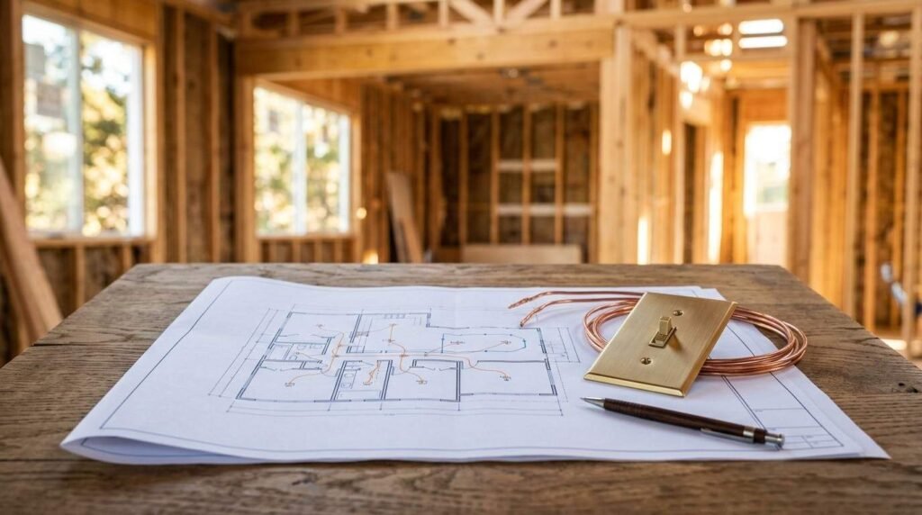 Electrical layout blueprint displayed on a wooden table alongside a coil of copper wire, a brass toggle light switch plate, and a pen inside a house framed with wooden studs