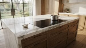 White marble waterfall kitchen island with an integrated black induction cooktop, stainless steel pot, and oak lower drawers