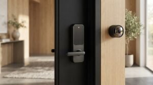 Black keyless smart door lock handle and a small circular smart security camera mounted next to a front door