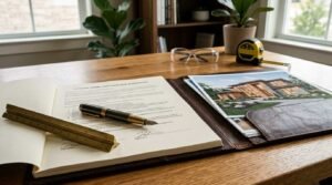 Open leather portfolio displaying a "Custom Home Construction Agreement" with signatures, a brass scale ruler, and a luxury fountain pen beside an architectural color render of a modern house on an oak desk with safety glasses and measuring tape