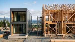 Direct side-by-side construction comparison of a completed two-story prefabricated modular home clad in charcoal composite panels and timber with glass balconies next to an active on-site stick-built home framing structure with exposed timber studs, roof trusses, and tubular metal scaffolding on a gravel jobsite overlooking mountains