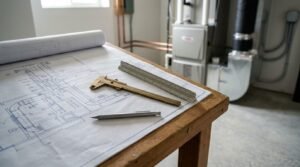 HVAC ductwork blueprint displayed on a wooden table with a brass caliper, scale ruler, and drafting pencil in front of an indoor furnace installation