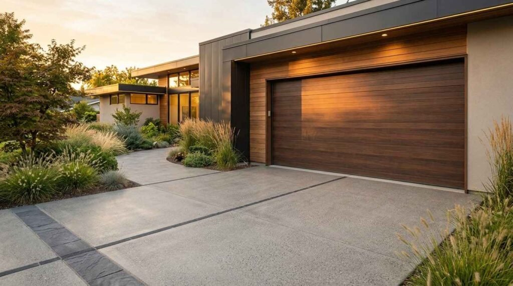 Modern home exterior with a warm wood grain sectional garage door, dark metal trim, and a concrete driveway leading to a curved walkway