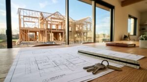 House keys on a brass ring, an architectural triangular scale ruler, and a master suite floor plan blueprint staged on a timber table overlooking a new two-story timber-framed house under construction through full-height sliding glass doors
