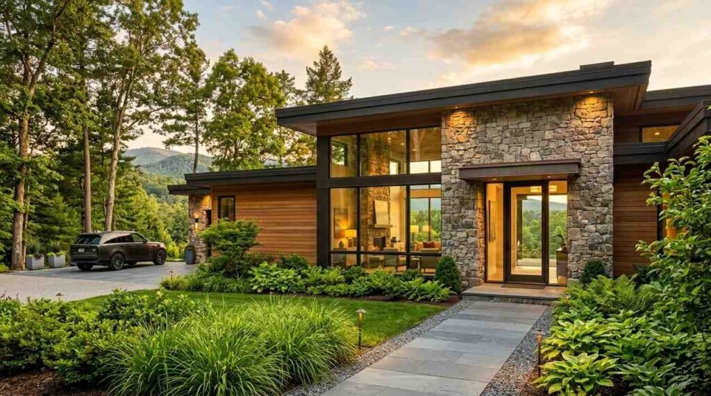 Modern custom home exterior featuring warm wood lap siding, natural stone accents, floor-to-ceiling glass windows, and a bluestone walkway leading to the glass front door at sunset
