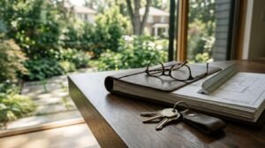 Bound leather portfolio folder with tortoiseshell reading glasses, an aluminum scale ruler, and "PROJECT PLAN" architectural drawings resting beside a set of brass house keys with a worn leather fob on a dark oak desk in front of a sunlit sliding patio door leading to a lush garden