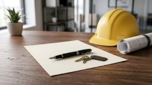 Fountain pen and brass keys on a contract paper document alongside a yellow hard hat and rolled blueprint on a wooden office desk
