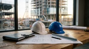 White and blue hard hats, architectural floor plan blueprints, a scale ruler, a pencil, and a black leather planner on a wooden desk overlooking an active multi-story commercial building construction site