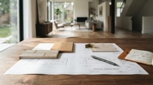 Architectural blueprint titled "Residence - Elmwood Project" displayed on a wooden table alongside stone tiles, oak sample, fabric swatch, and leather notebook