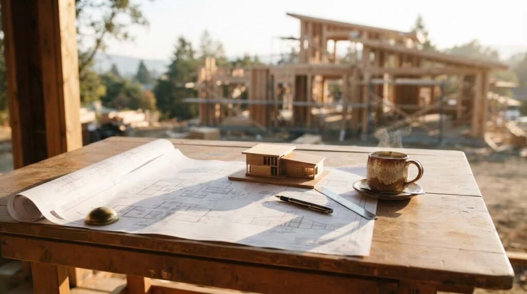 Unrolled blueprints, miniature wooden house model, pen, ruler, and steaming coffee cup on a wooden table overlooking an active house construction site