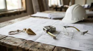 A brass plumb bob, open tape measure, clear safety glasses, and a white hard hat resting on architectural blueprints on a rustic wood plank workbench at a construction job site