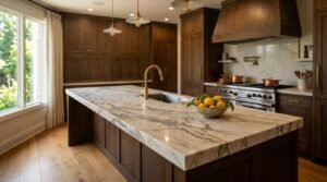 Luxury kitchen with a large white marble island countertop, brushed brass gooseneck faucet, dark stain wood cabinets, and copper cookware on a professional range