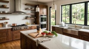 Modern kitchen layout featuring warm walnut cabinetry, white quartz countertops, a stainless steel apron-front sink with a brass faucet, and open floating shelves