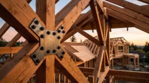Heavy timber roof truss joint secured by an architectural black steel gusset plate and heavy hex head through-bolts, showing dimensional wood rafters and plywood roof sheathing on an active residential framing jobsite at sunset with neighboring framed houses in the background