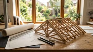 A miniature wooden scale model of a hinged gable roof truss sitting on an architect's wooden desk alongside truss blueprint sketches, drafting pencils, and a triangular scale ruler