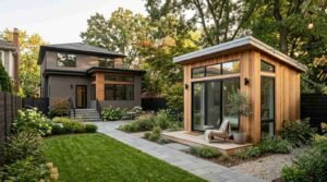 Modern backyard studio garden pod clad in vertical cedar timber with black glass sliding doors and an integrated low deck, connected via a bluestone paver walkway to a two-story dark grey stucco and cedar-accented contemporary home