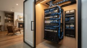 Professional smart home AV network rack with neatly bundled blue Ethernet cables housed in a wood-lined equipment closet behind a glass door