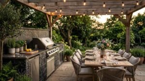 Outdoor kitchen and dining area under a wooden pergola with string lights featuring a built-in stainless steel grill, granite countertop, and set teak dining table