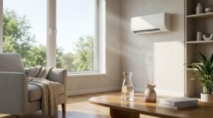 Wall-mounted ductless mini-split air conditioner operating above a wooden coffee table with an active essential oil diffuser and glass water carafe in a bright modern living room