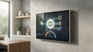 A sleek wall-mounted smart home energy management touchscreen displaying real-time power distribution between solar panels, battery storage, and household appliances against a concrete textured wall