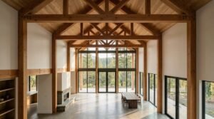 A spacious open-concept great room featuring soaring exposed timber roof trusses, polished concrete floors, a stone fireplace, and floor-to-ceiling glass windows overlooking a pine forest